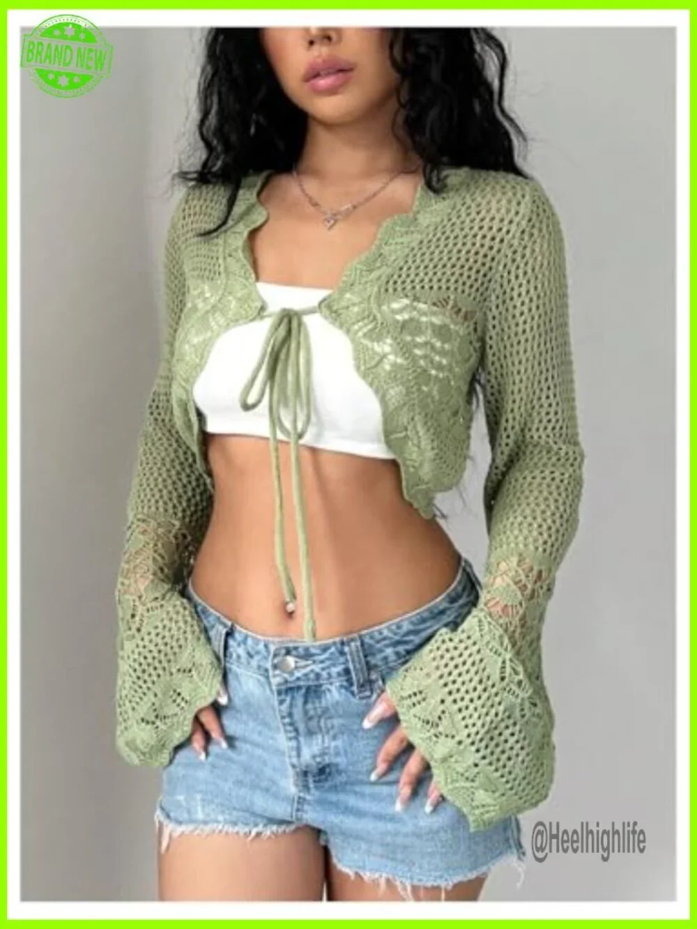 Large Cropped Cardigan Sheer Crochet Shrug Bell Sleeves Tie Front